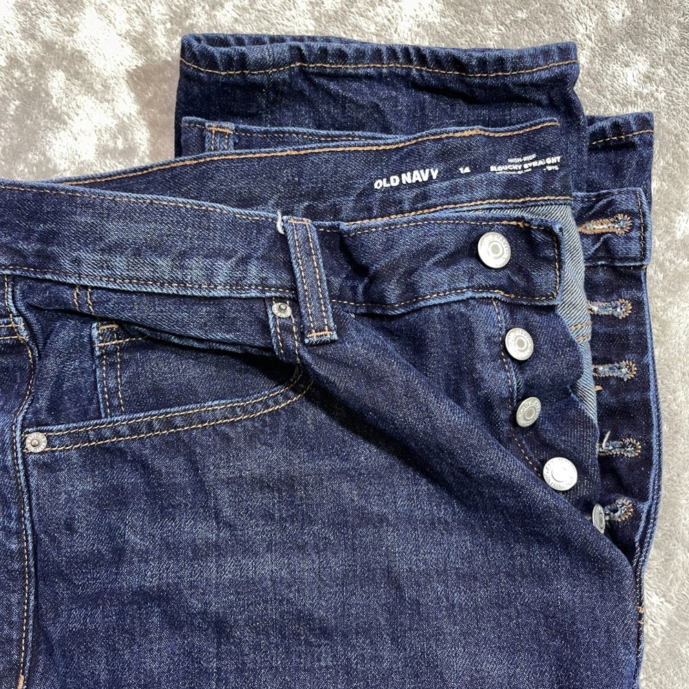Old Navy Slouchy Straight Jeans Women 14 Dark Blue High Rise Button Fly